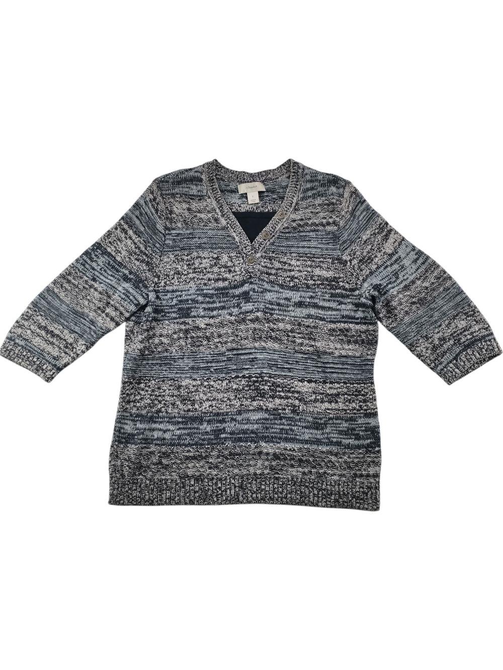 CJ Banks Women X Gray Black Marled Knit Sweater Button V Neck Pullover